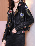 Women Biker Leather Jacket Floral Print Embroidery Pu Leather Jacket