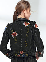 Women Floral Print Embroidery Faux Soft Leather Jacket