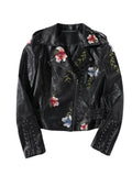 Women Biker Leather Jacket Floral Print Embroidery Pu Leather Jacket