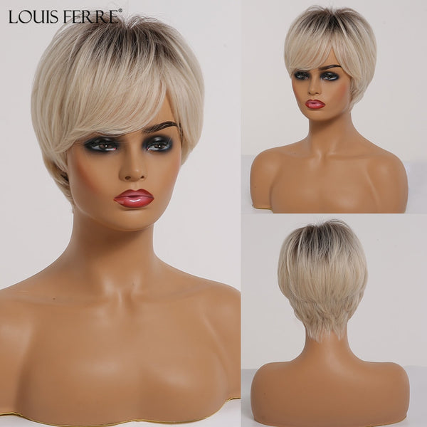 Short Ombre Black Ash Light Blonde White Synthetic Wigs With Bangs For Black Woman Afro