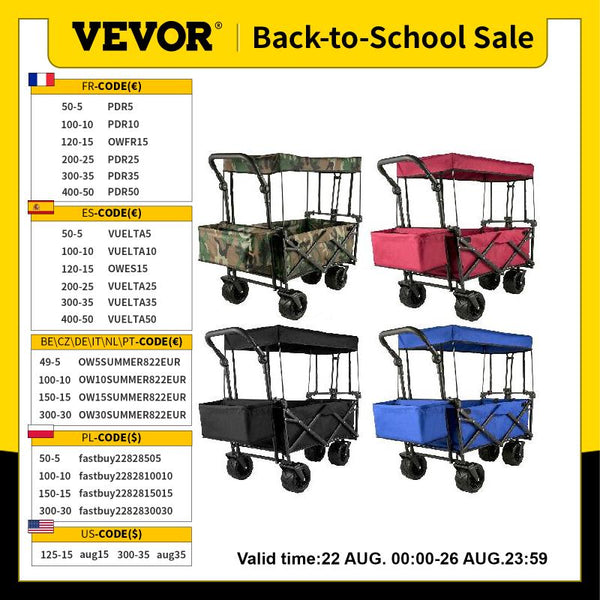 VEVOR 7In Wheel Folding Wagon Cart 220.5 Capacity W/ Adjustable Handle Pull Oxford Cloth Collapsible Outdoor Garden Trolley Cart