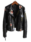 Women Floral Print Embroidery Faux Soft Leather Jacket