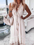Casual V-Neck Lace Patchwork Dress  Out Sleeveless Spaghetti Strap Dresses