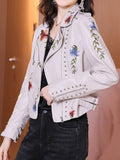 Women Biker Leather Jacket Floral Print Embroidery Pu Leather Jacket