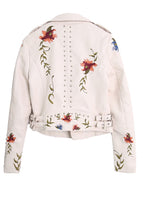 Women Floral Print Embroidery Faux Soft Leather Jacket