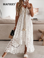 Casual V-Neck Lace Patchwork Dress  Out Sleeveless Spaghetti Strap Dresses