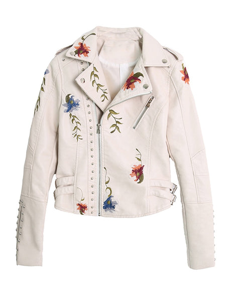 Women Floral Print Embroidery Faux Soft Leather Jacket