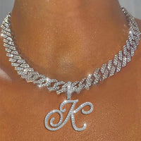 A-Z Cursive Letter Pendant Iced Out Cuban Necklace for Women