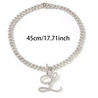 A-Z Cursive Letter Pendant Iced Out Cuban Necklace for Women