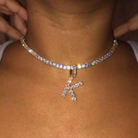 A-Z Initial Necklace Silver Color Tennis Chain Choker for Women