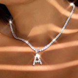 A-Z Initial Necklace Silver Color Tennis Chain Choker for Women